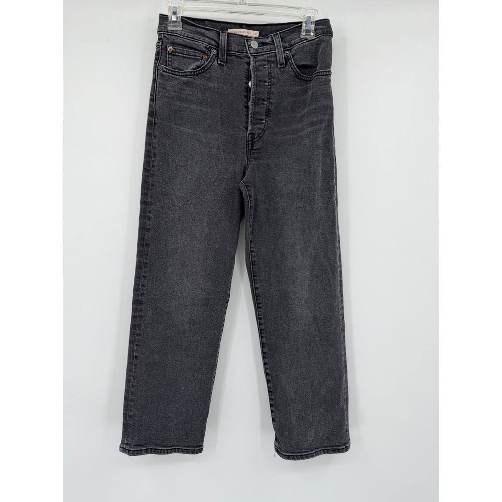 Levis Ribcage Straight Ankle Jeans Washed Black High Rise Button Fly‎ Size 27